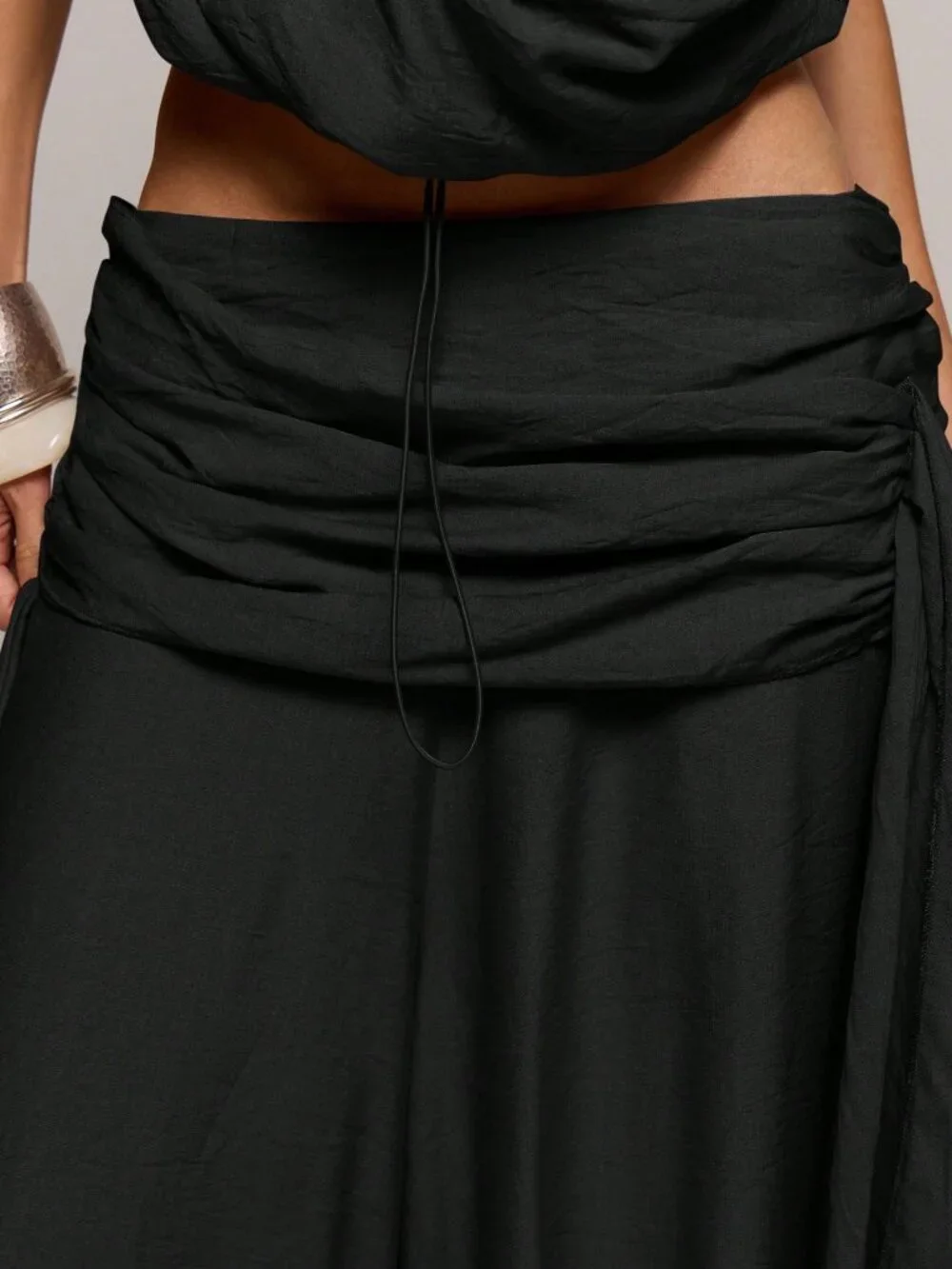 Black Casual Women's Low Rise Textured Drape Wide-Leg Trousers